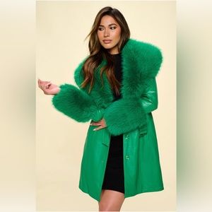 NWT Faux fur and Leather Kelly Green Trench Coat